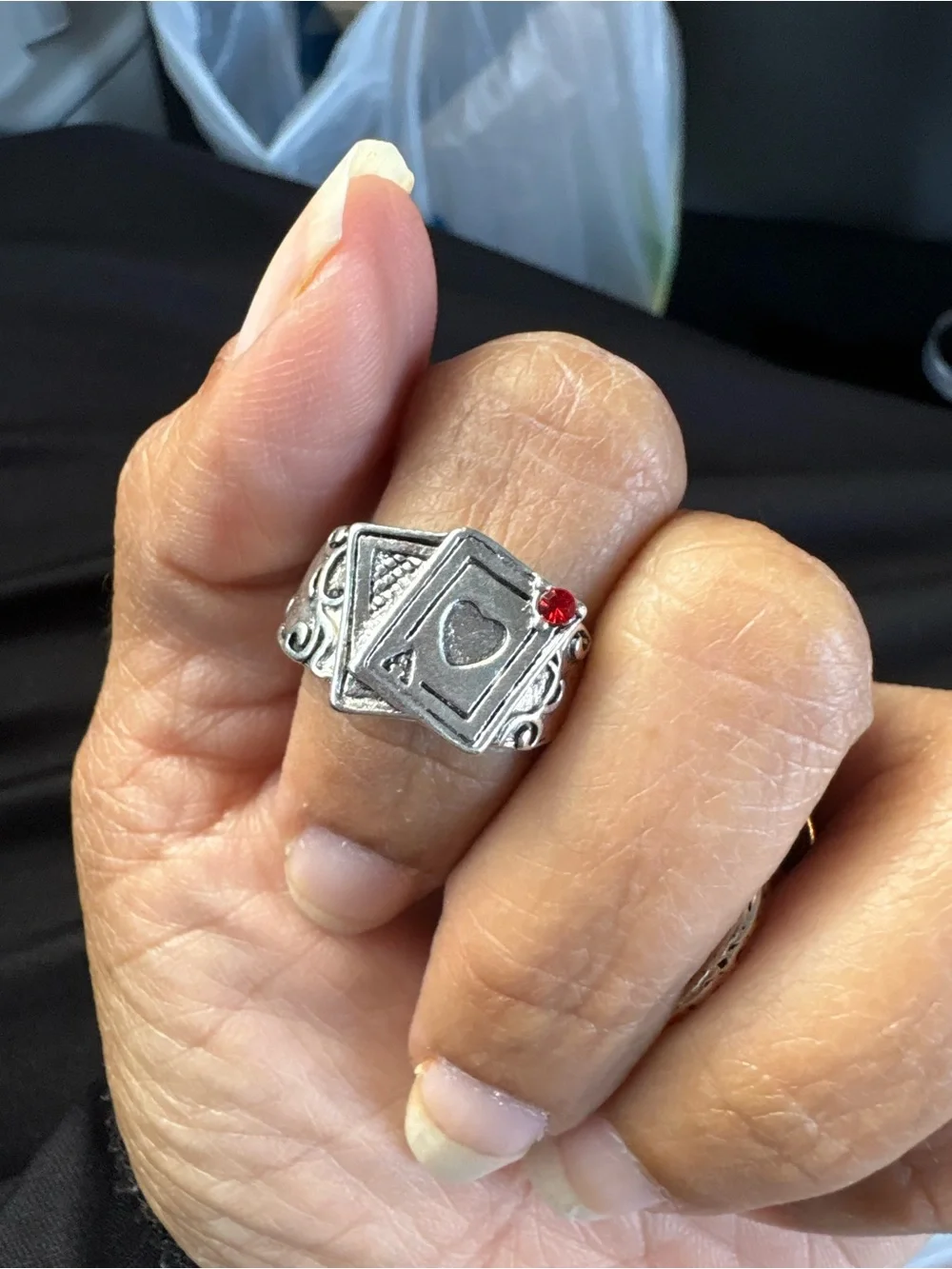 Silver-Tone Playing Card Heart Ring with Red Accent